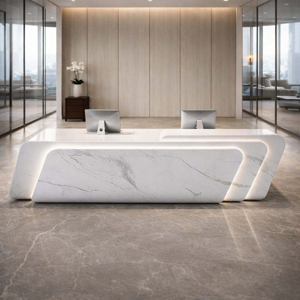 Modern White Marble Reception Desk for Office, Luxury Curved Front Reception Counter Table with LED Panel Design for Corporate Office,