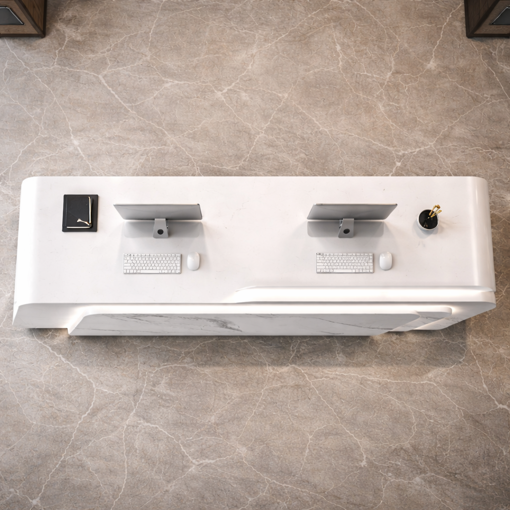 Modern White Marble Reception Desk for Office, Luxury Curved Front Reception Counter Table with LED Panel Design for Corporate Office,