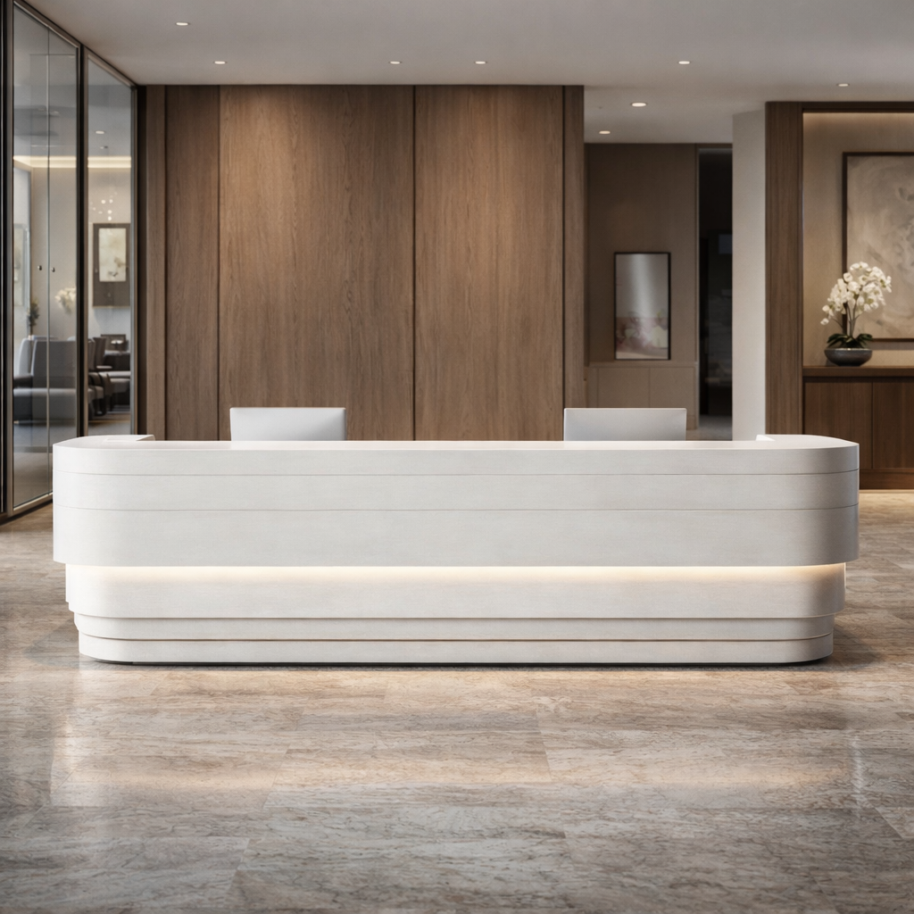 Luxury White Reception Desk with LED Light Curved Front Reception Counter Table with LED Panel Design for Corporate Office