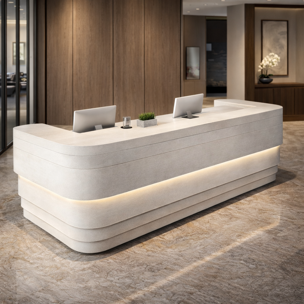 Luxury White Reception Desk with LED Light Curved Front Reception Counter Table with LED Panel Design for Corporate Office