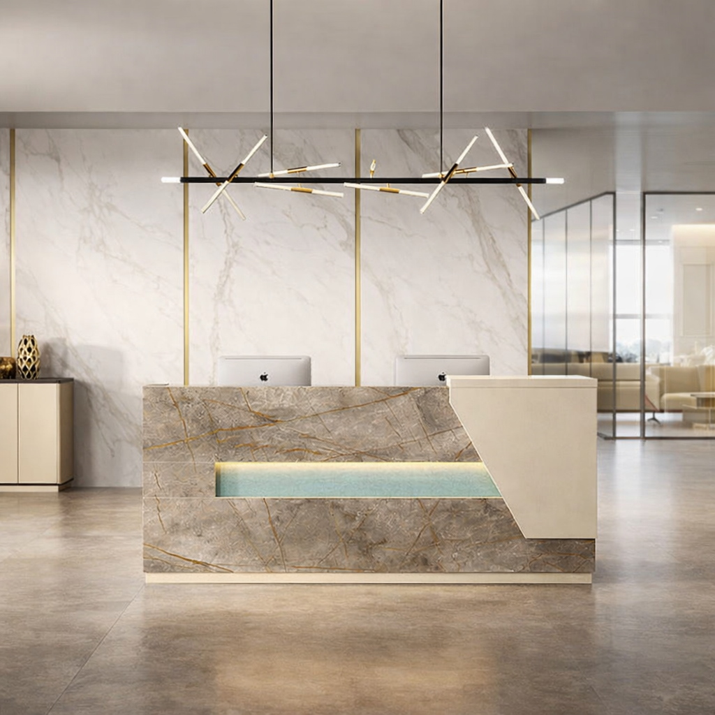 Reception Desk with Marble Texture Front Panel, LED Accent Light, Storage Pedestals, Spacious Workstation Counter for Corporate Office