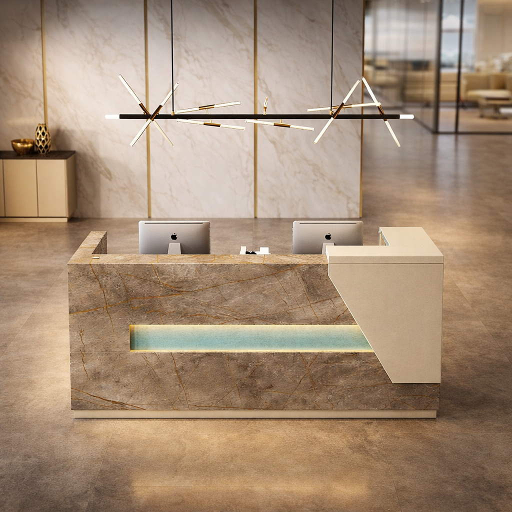 Reception Desk with Marble Texture Front Panel, LED Accent Light, Storage Pedestals, Spacious Workstation Counter for Corporate Office