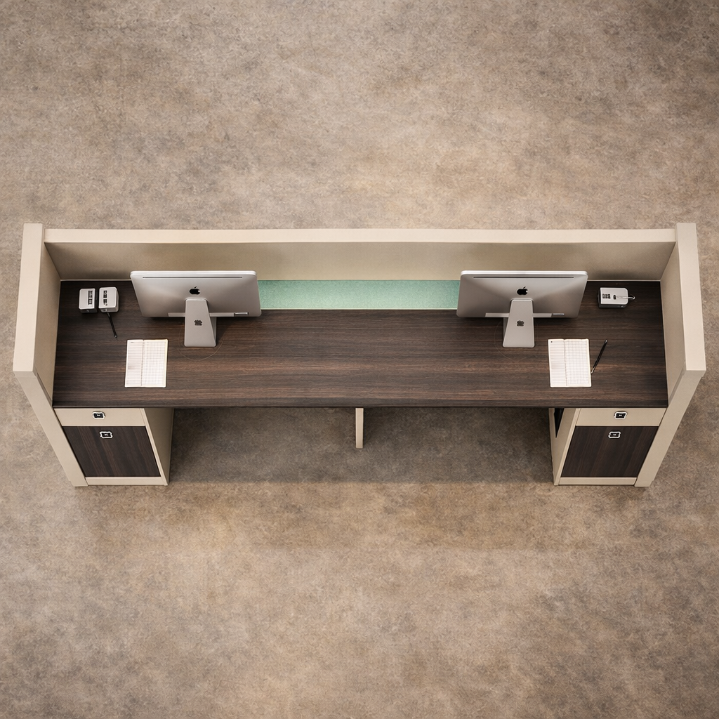 Reception Desk with Marble Texture Front Panel, LED Accent Light, Storage Pedestals, Spacious Workstation Counter for Corporate Office