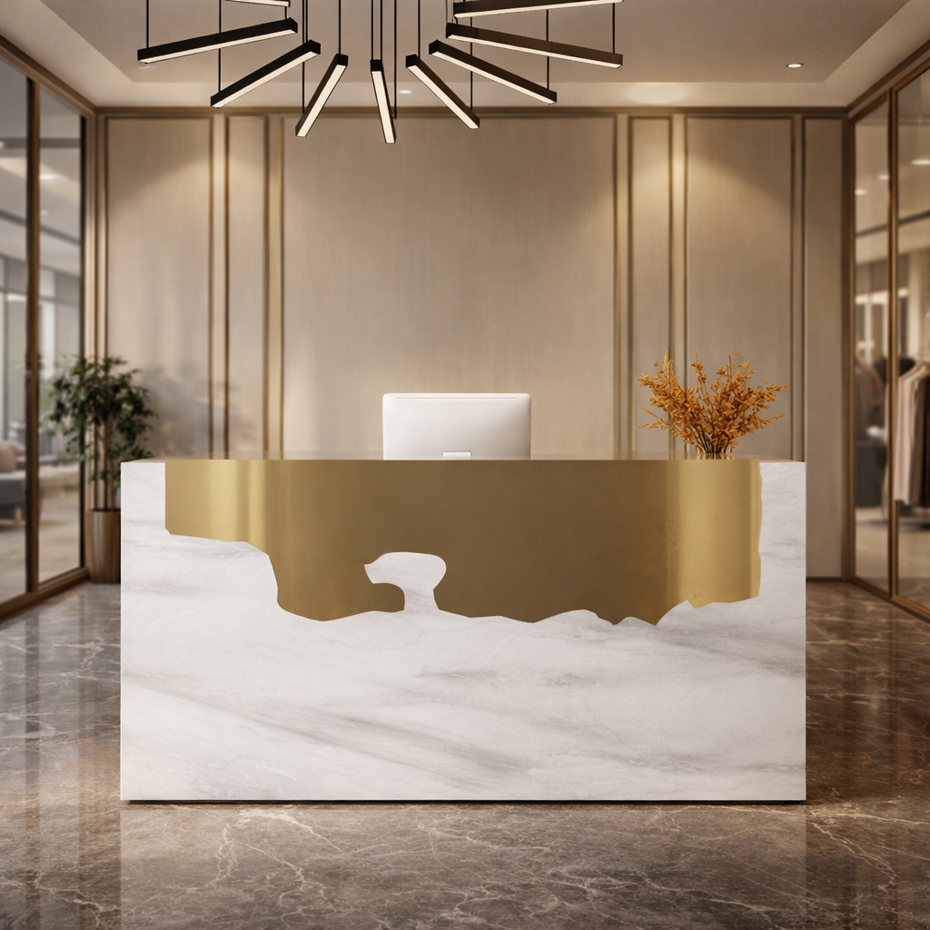 Marble Reception Table Desk with Gold Decorative Front Panel | Modern Office Reception Counter for Salon, Hotel, Clinic & Corporate Lobby