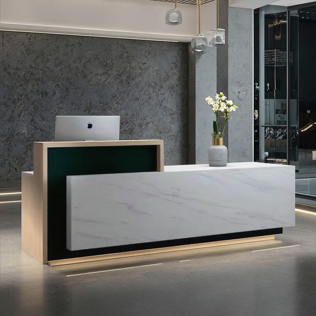 Modern Office Reception Table with Storage Counter, Designer Front Desk for Corporate Office, Clinic, Salon, Hotel Lobby and Commercial Reception Area
