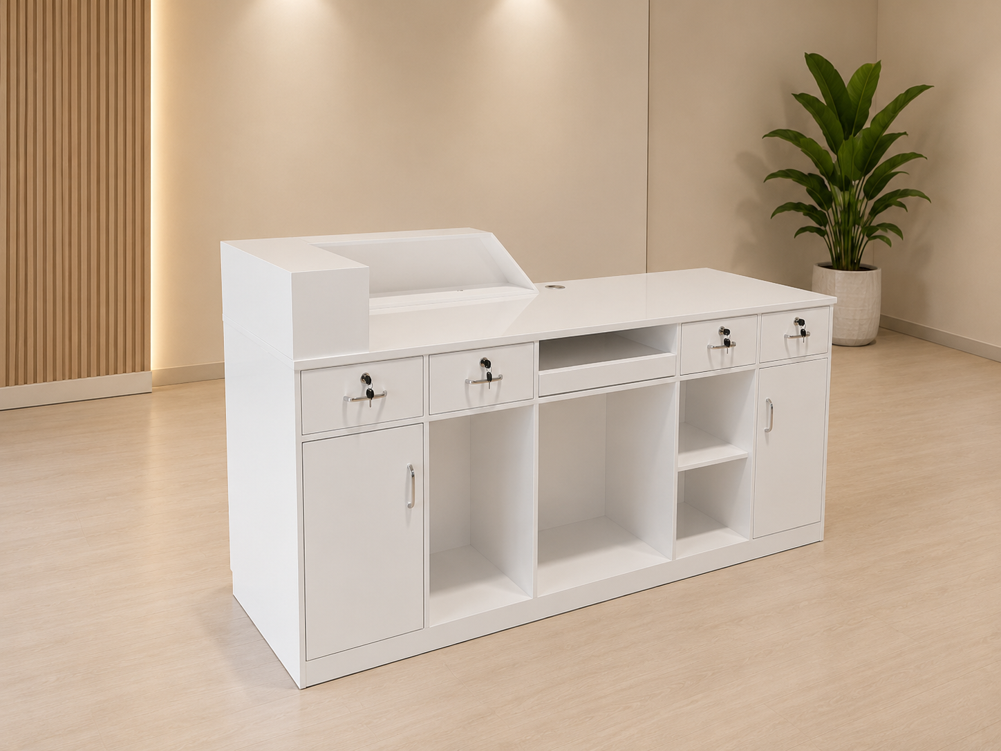 Modern Reception Counter Desk with Storage Drawers and Cabinets for Office Lobby, Clinic, Salon, Boutique, Showroom and Commercial Reception Area
