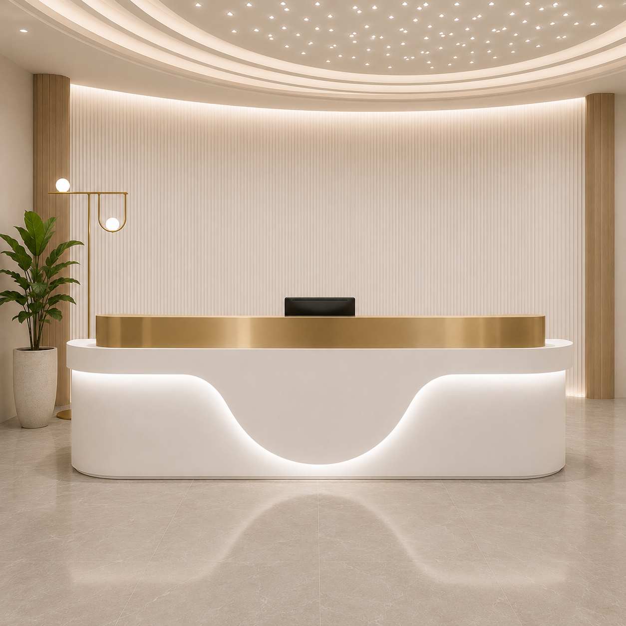 Designer Curved Reception Desk for Beauty Salon, Spa, Clinic, Hotel Lobby, Boutique Office, Wellness Center and Premium Commercial Front Desk Areas