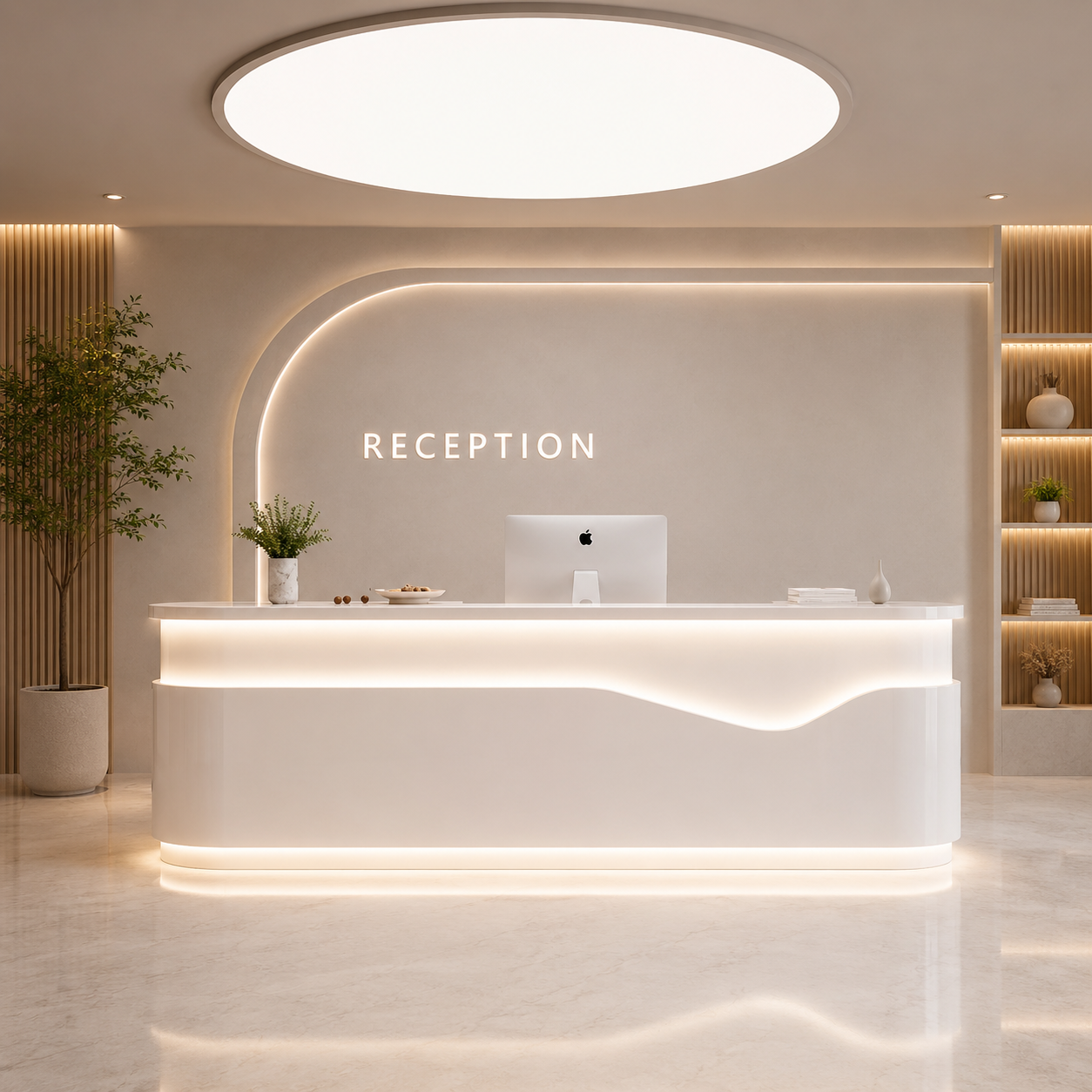Premium Curved Reception Counter Desk for Office Lobby, Clinic, Salon, Hotel, Showroom and Corporate Front Office Reception Furniture