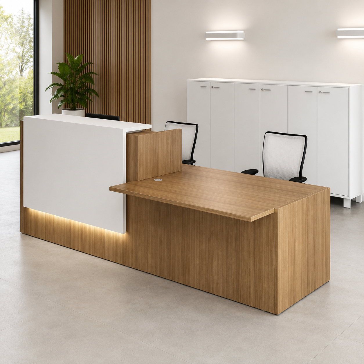 Modern Office Reception Desk with Dual Workstation, Privacy Counter, Storage Space and Front Office Counter for Clinics, Startups and Commercial Spaces