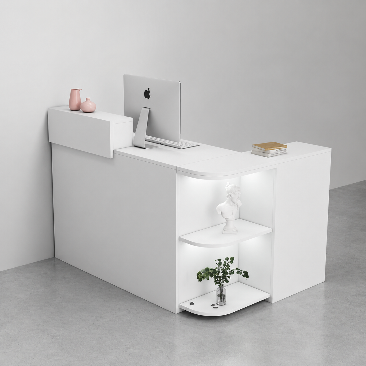 Modern White Reception Desk with Side Storage Shelves, Compact Front Counter Table for Office, Clinic, Salon, Hotel Reception and Commercial Spaces