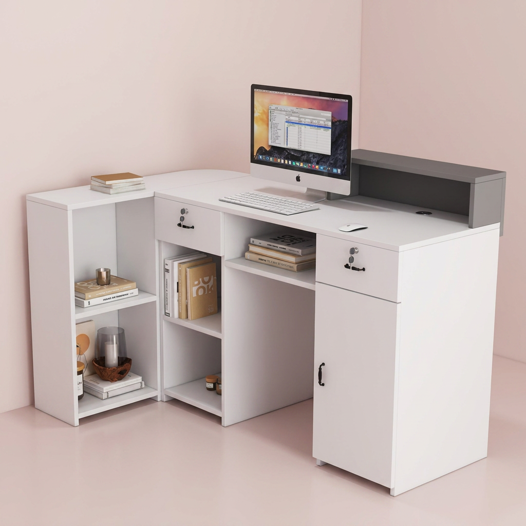 Modern White Reception Desk with Side Storage Shelves, Compact Front Counter Table for Office, Clinic, Salon, Hotel Reception and Commercial Spaces