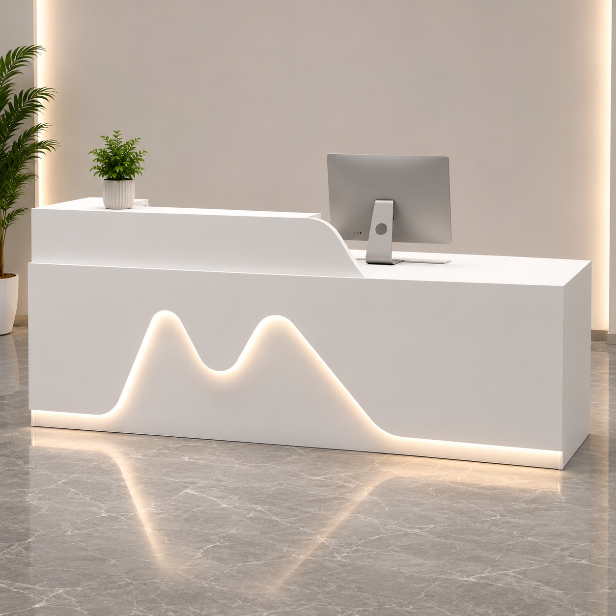 Modern Curved Reception Desk with Storage for Office, Salon, Clinic, Hotel, Studio, Showroom & Commercial Reception Counter Table Design