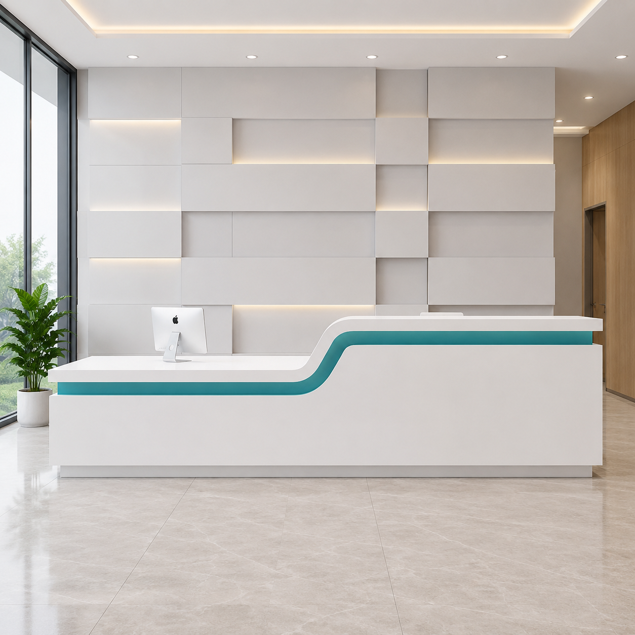 Office Reception Table Dual Level Front Counter Desk Wave Design Receptionist Workspace Station for Corporate Lobby Tech Park Estate
