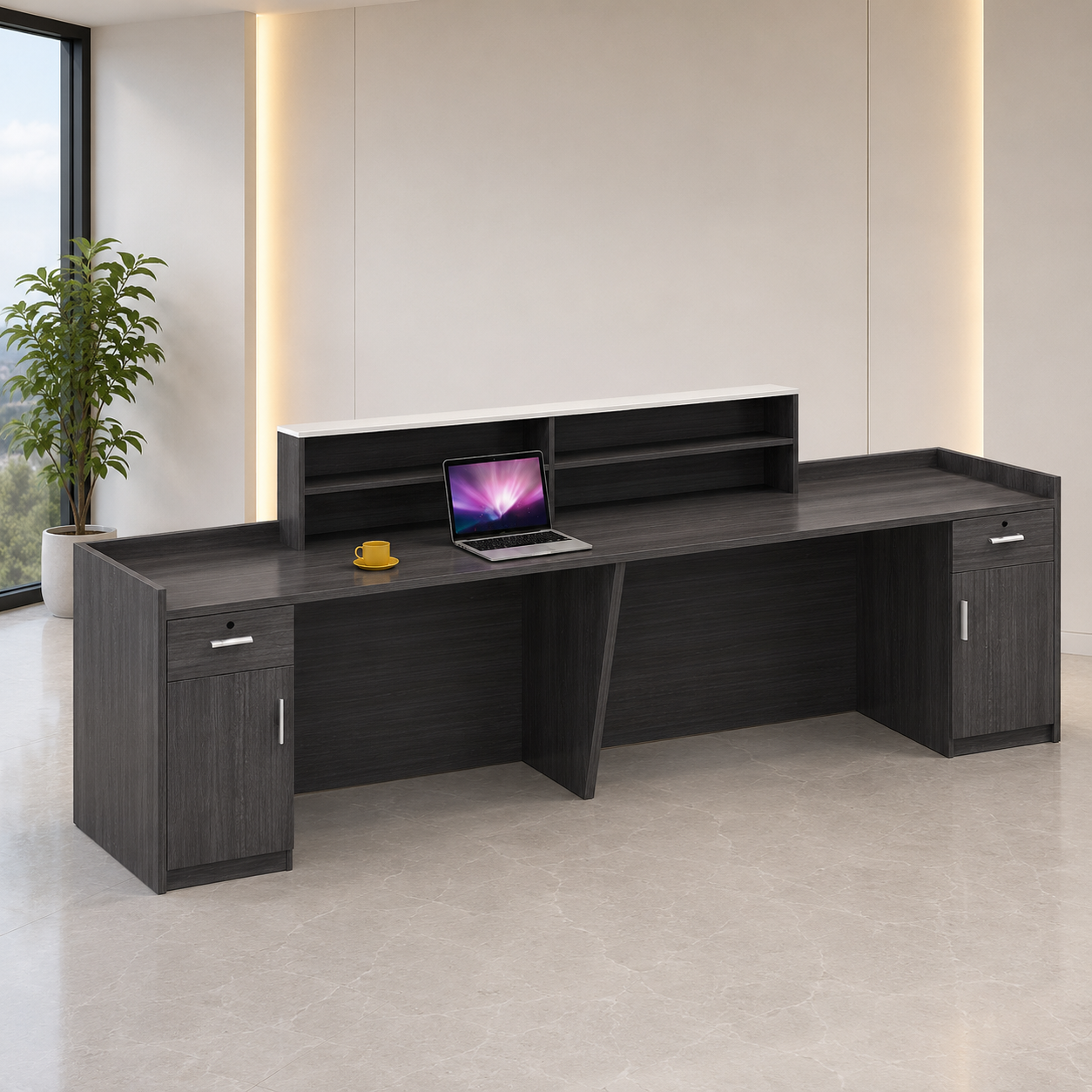 Modern 2 Person Reception Table for Office Large Corporate Front Counter Desk Executive Greeting Workspace Station for Business Lobby Hotel
