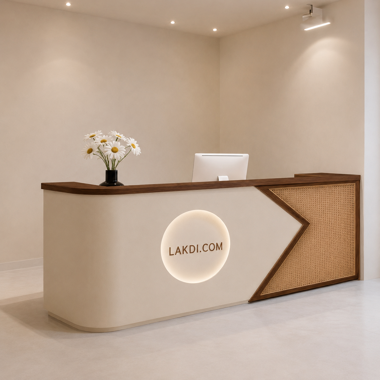 Luxury Modern Reception Desk with Cane Pattern Accent, Curved Design and Storage for Office Lobby, Salon, Clinic, Spa, Hotel and Commercial Reception Area