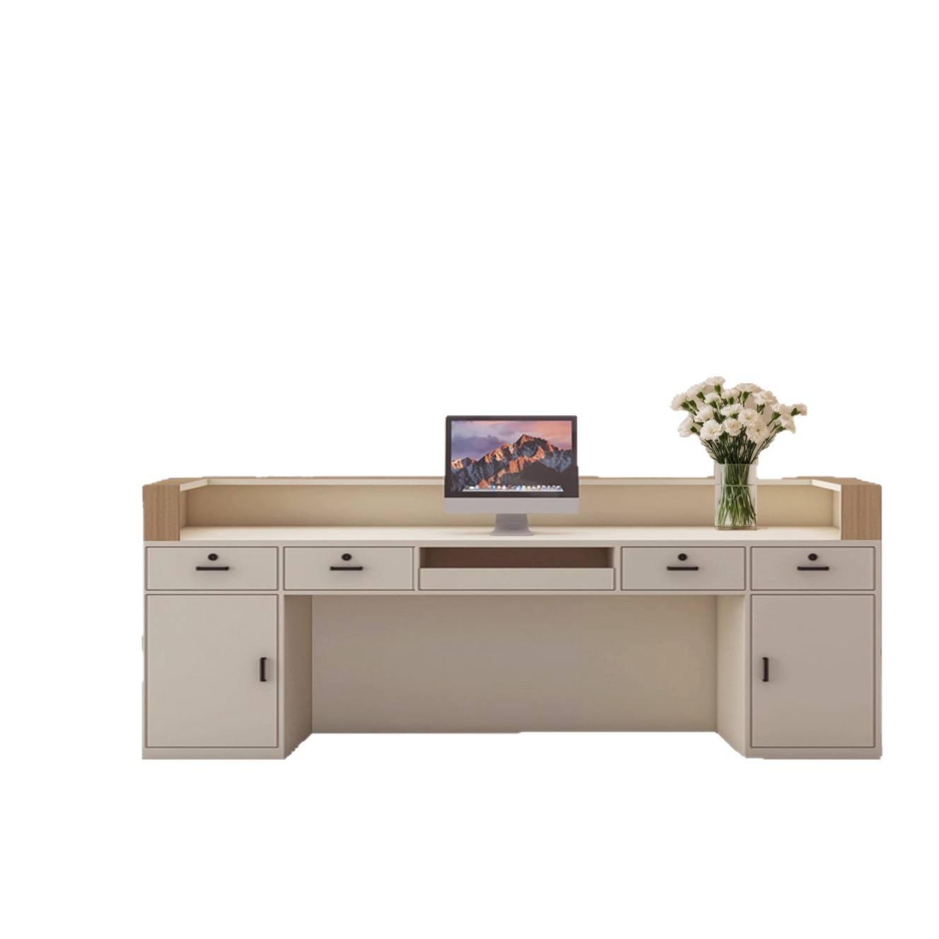 Luxury Modern Reception Desk with Cane Pattern Accent, Curved Design and Storage for Office Lobby, Salon, Clinic, Spa, Hotel and Commercial Reception Area