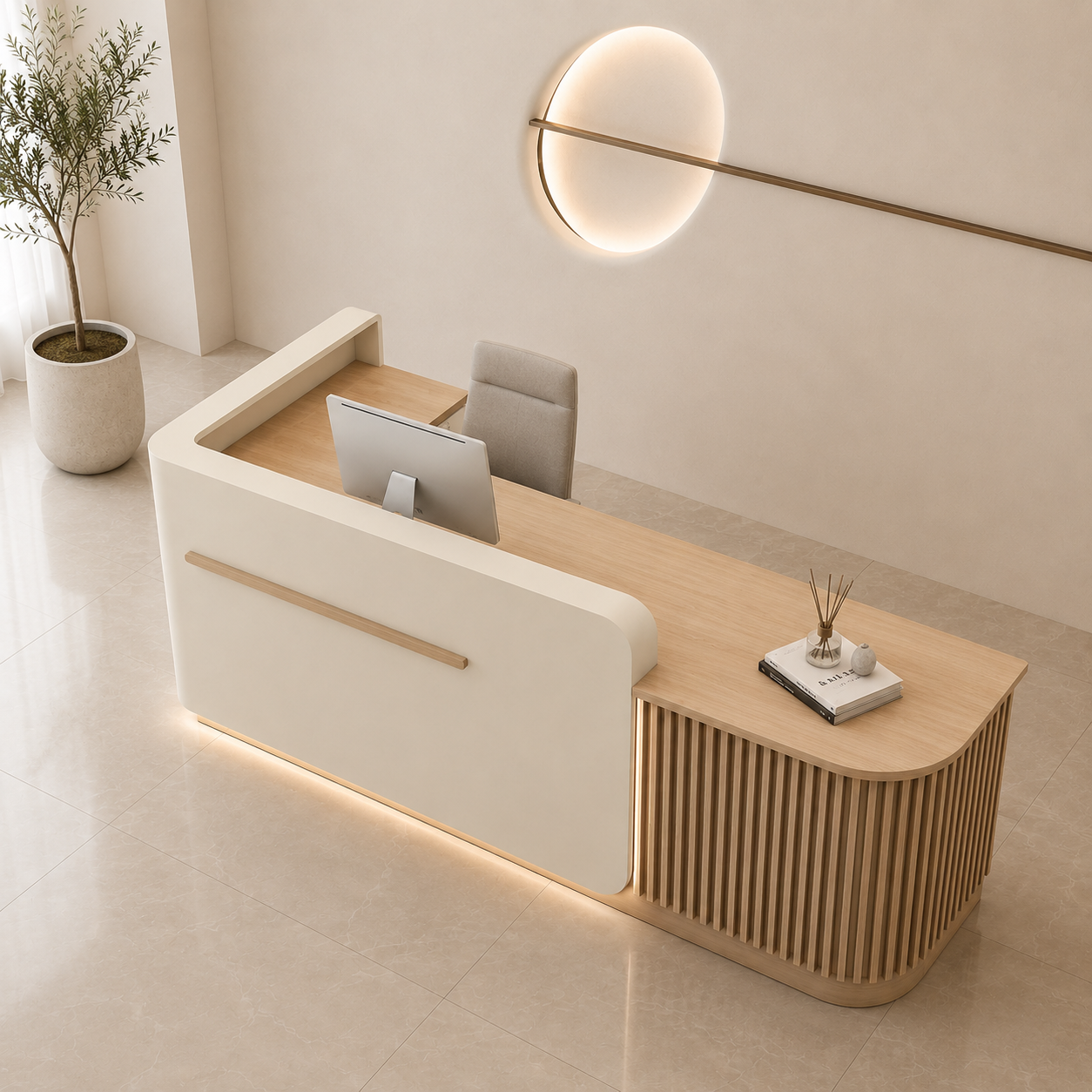 Luxury Curved Reception Desk with Fluted Side Panel and Extended Counter for Office Lobby, Salon, Spa, Clinic, Hotel Reception and Commercial Spaces