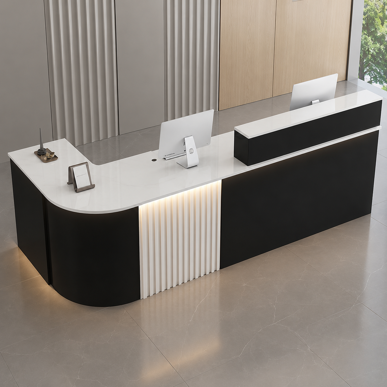 Modern L Shaped Reception Desk with Storage Cabinet for Office Reception Area, Clinic, Salon, Hotel, Studio, Showroom and Commercial Front Counter
