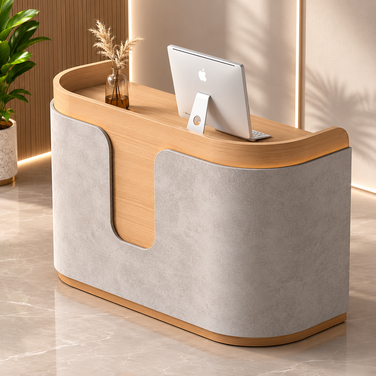Modern Curved Reception Desk with Ambient LED Lighting for Office Lobby, Salon, Spa, Clinic, Hotel Front Desk and Premium Commercial Reception Areas