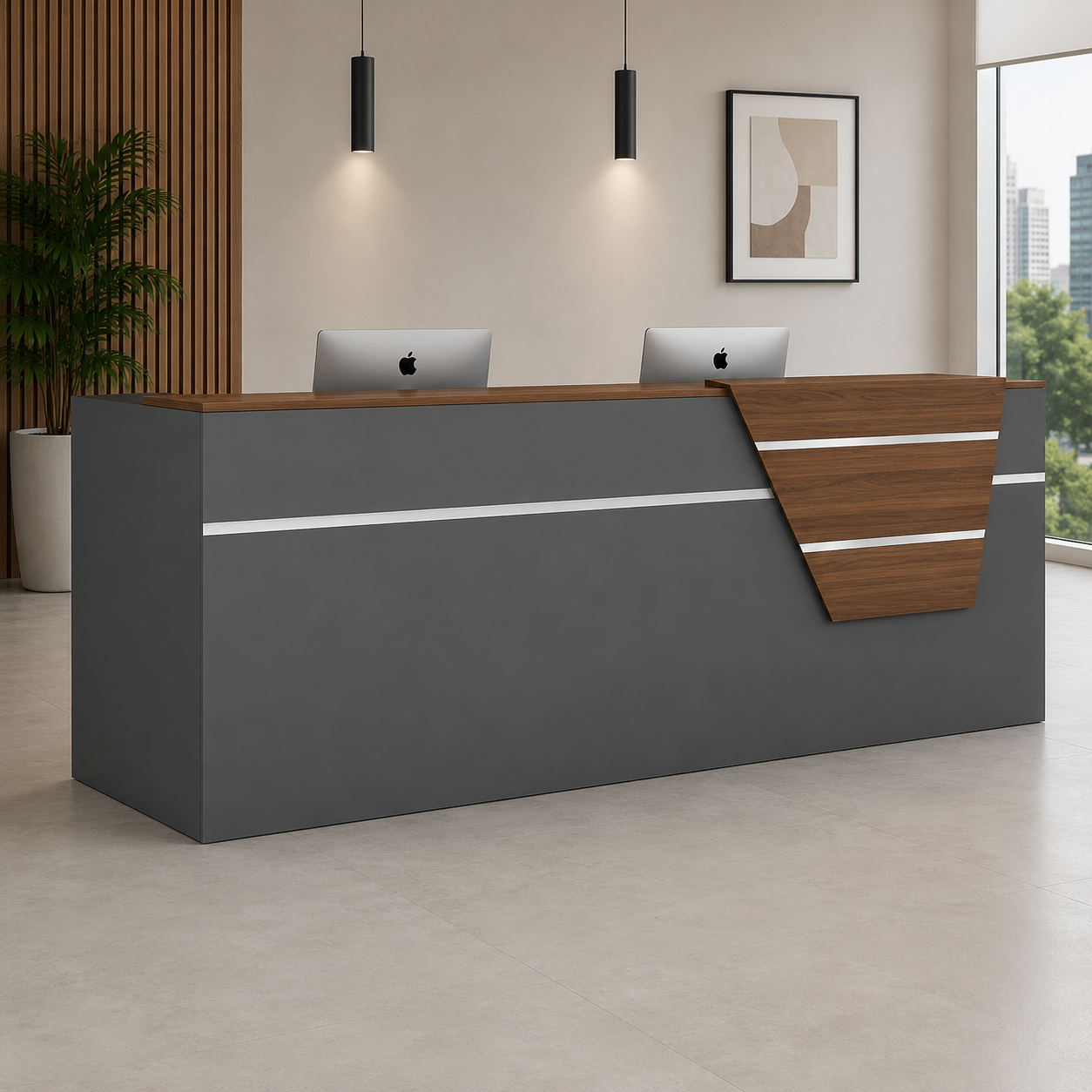 Reception Desk with Dual Workstation, Front Office Counter and Storage Layout for Corporate Offices, Clinics, Hotels and Business Spaces