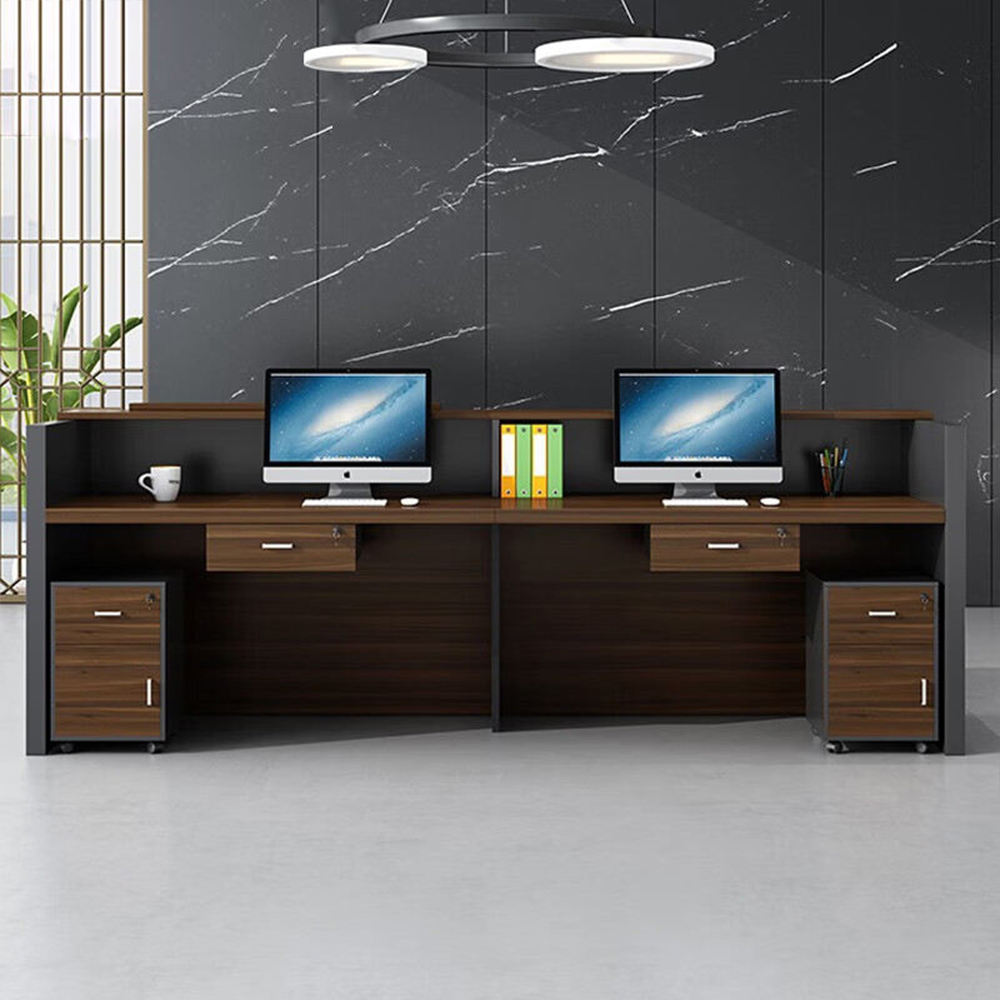 Reception Desk with Dual Workstation, Front Office Counter and Storage Layout for Corporate Offices, Clinics, Hotels and Business Spaces
