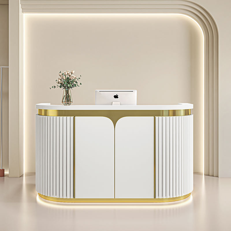 Curved Reception Desk with Fluted Panel Design and Premium Gold Accents for Office Lobby, Salon, Boutique, Clinic and Retail Reception Area
