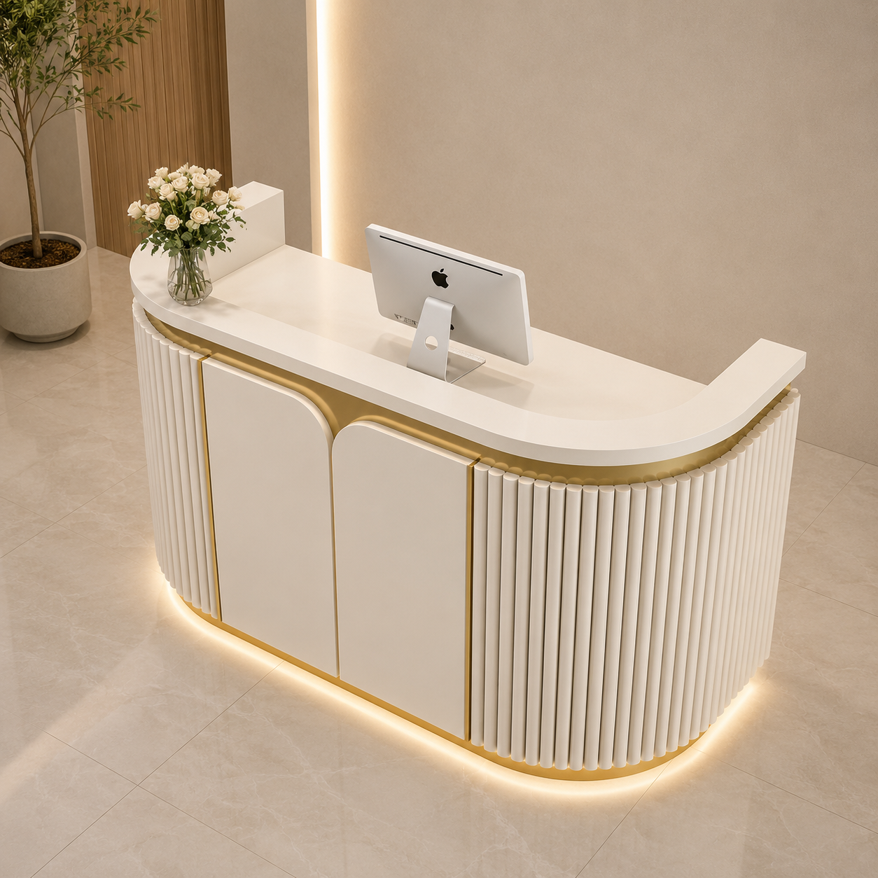 Curved Reception Desk with Fluted Panel Design and Premium Gold Accents for Office Lobby, Salon, Boutique, Clinic and Retail Reception Area