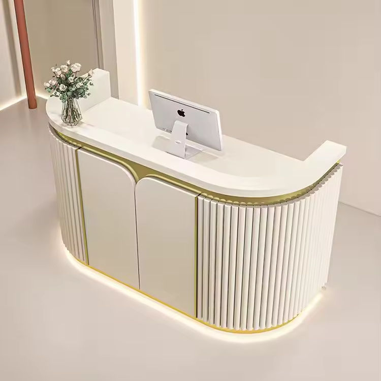 Curved Reception Desk with Fluted Panel Design and Premium Gold Accents for Office Lobby, Salon, Boutique, Clinic and Retail Reception Area