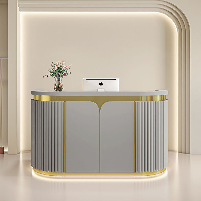 Curved Reception Desk with Fluted Panel Design and Premium Gold Accents for Office Lobby, Salon, Boutique, Clinic and Retail Reception Area