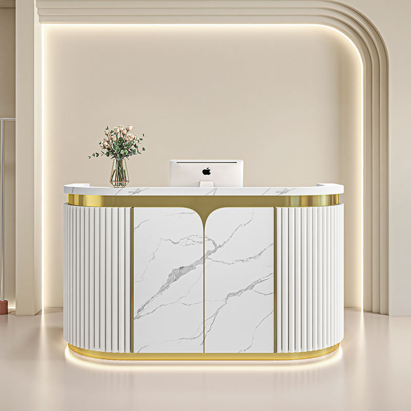 Curved Reception Desk with Fluted Panel Design and Premium Gold Accents for Office Lobby, Salon, Boutique, Clinic and Retail Reception Area
