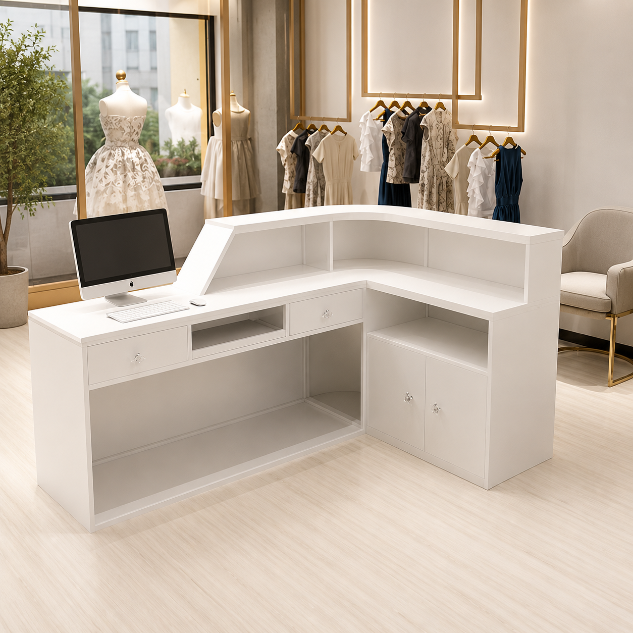 Modern L Shape Reception Desk with Storage Drawers and Counter Shelves for Boutique, Salon, Clinic, Office Lobby and Retail Reception Area