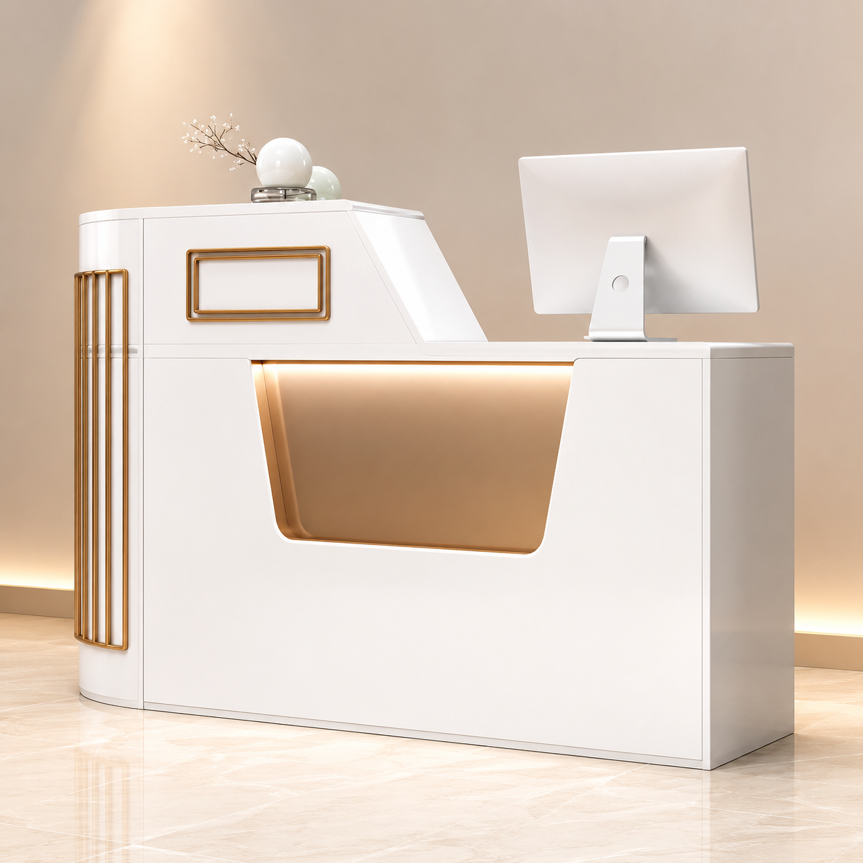 Modern L Shape Reception Desk with Storage Drawers and Counter Shelves for Boutique, Salon, Clinic, Office Lobby and Retail Reception Area