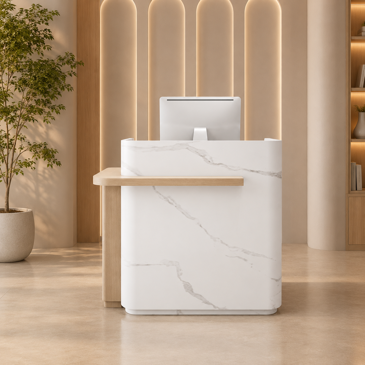Compact Modern Reception Desk with Storage Drawers and Cabinet for Salon, Clinic, Boutique, Retail Shop, Office Lobby and Commercial Reception Area