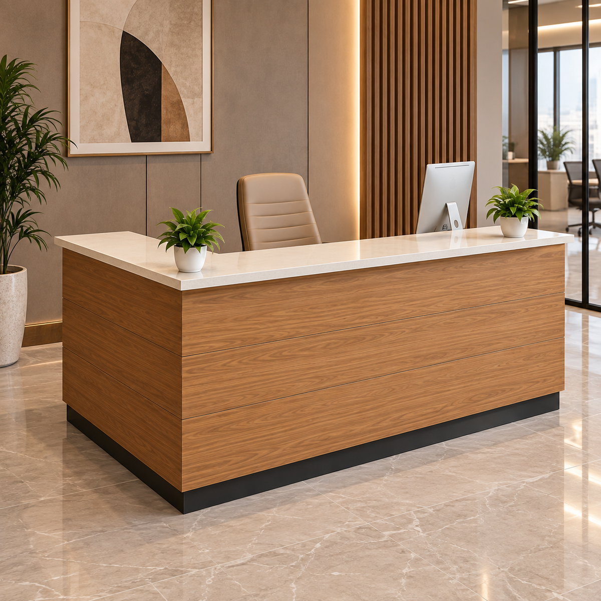 Modern Office Reception Desk with Wide Countertop, Wood Grain Front Panel and Sleek Design for Professional Welcome Areas