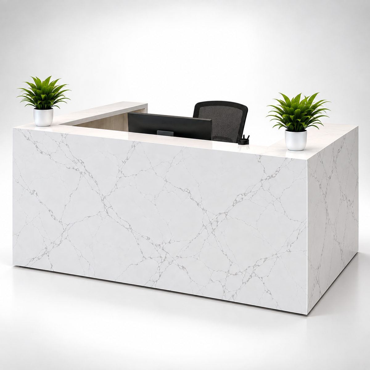 অফিসের জন্য বিলাসবহুল আধুনিক কাউন্টারের জন্য অভ্যর্থনা টেবিল মার্বেল প্যাটার্ন এবং প্রশস্ত স্টোরেজ এবং দুই ব্যক্তির আসন সহ MDF দিয়ে তৈরি স্টাইলিশ ডিজাইন - সাদা