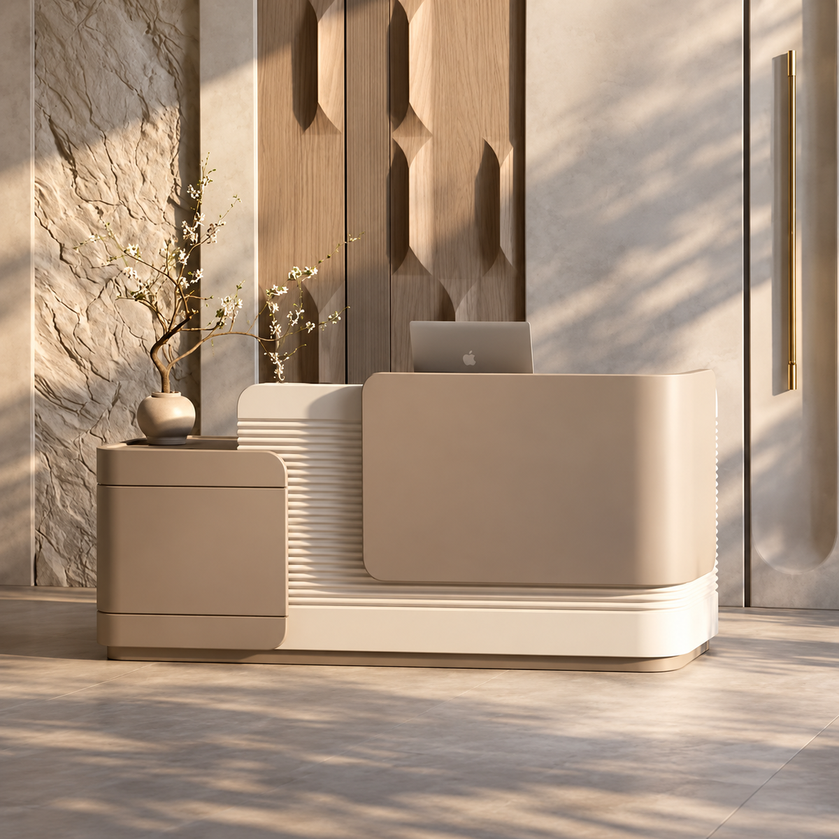 Luxury Modern Reception Desk with Curved Front Counter, Ribbed Panel Design & Side Storage Unit for Office, Hotel, Salon & Lobby