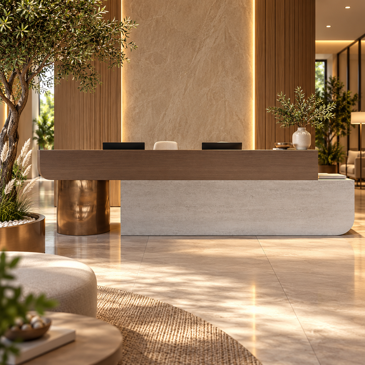 Luxury Modern Reception Table with Curved Design, Premium Wood Finish, Dual-Tone Front Panel and Elegant Reception Counter for Corporate Offices
