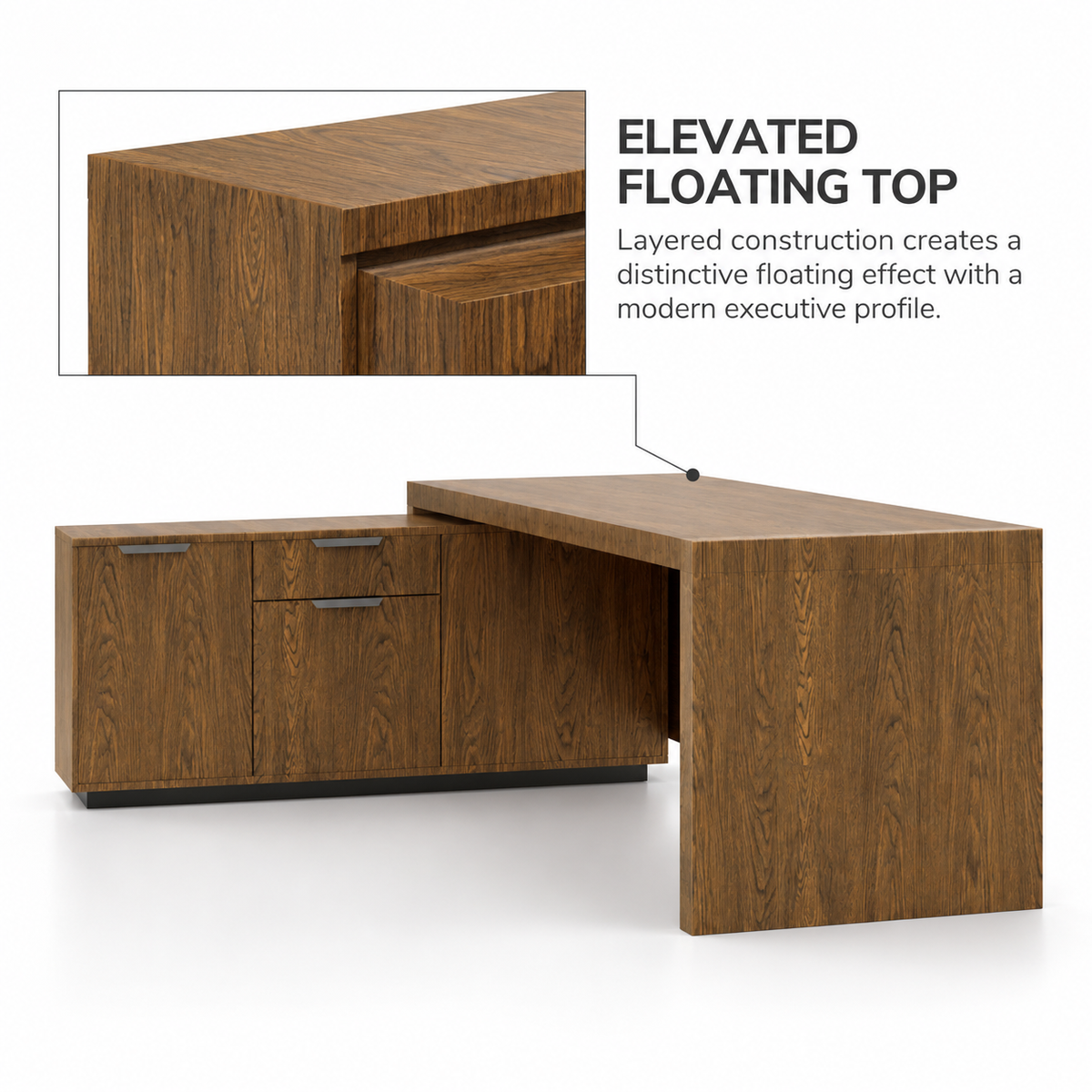 Luxury Director and Executive L Shape Office Table Made Particle Board with  Wire Manager Side Unit and Multi Drawers CPC Space  - Brown Color