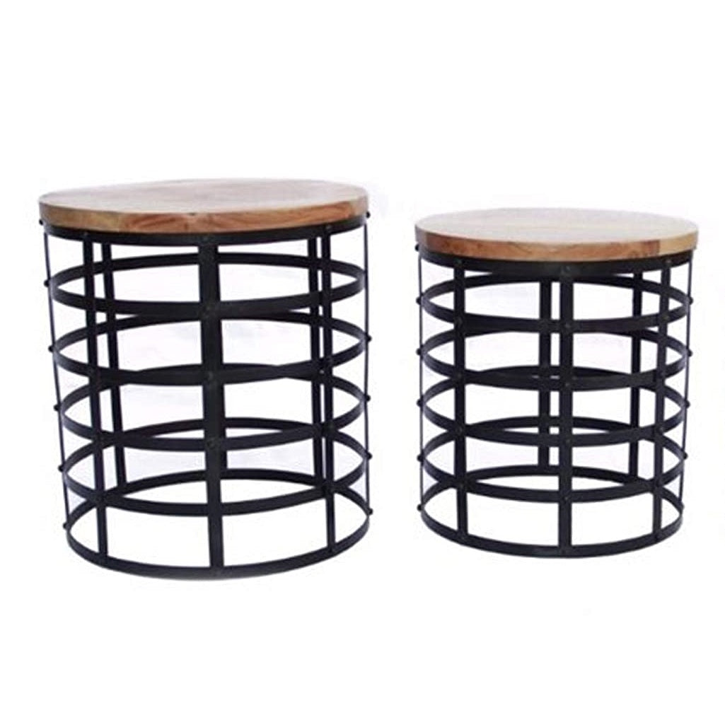 Round Side Table with Wooden Top and Metal Legs