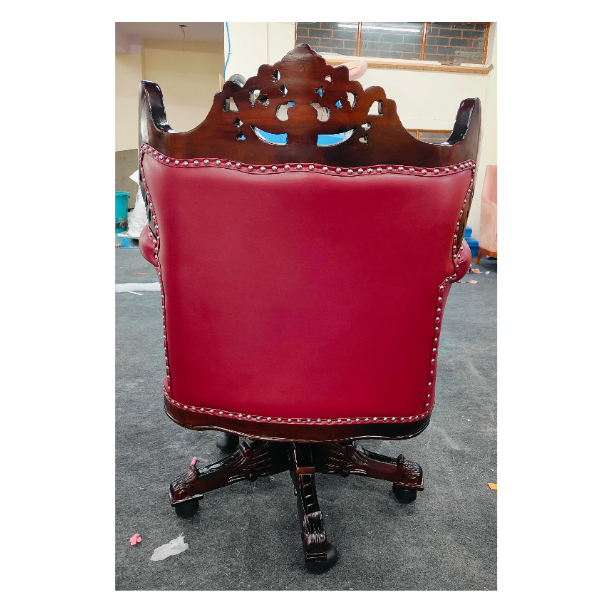 Royal Twist Design Hand Carved Teak Wood Adjustable Height 360?? Swivel Button Tufted Office Armrest Chair -