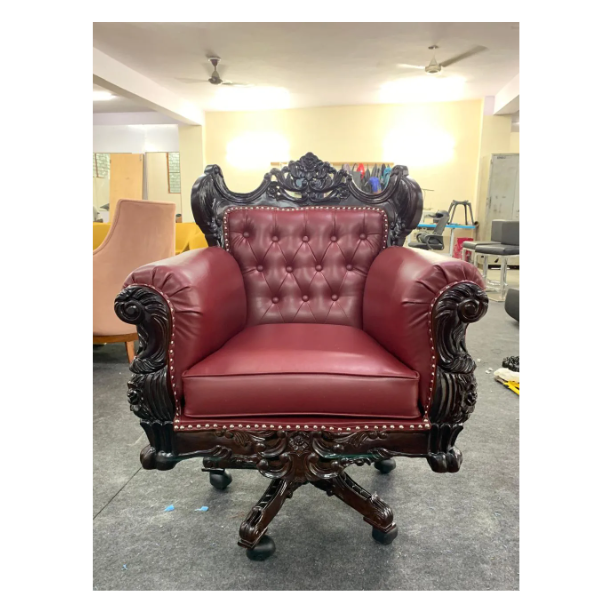 Royal Twist Design Hand Carved Teak Wood Adjustable Height 360?? Swivel Button Tufted Office Armrest Chair -