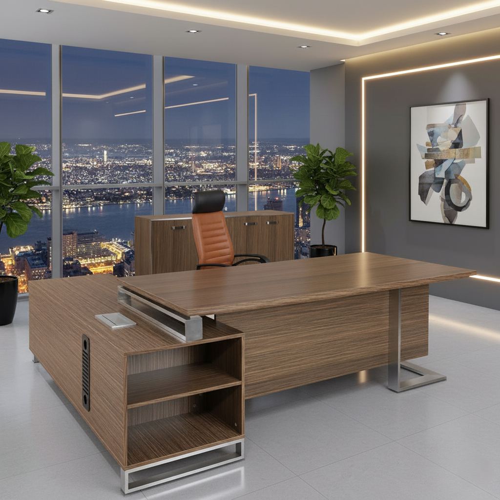 डायरेक्टर और एग्जीक्यूटिव ऑफिस टेबल पार्टिकल बोर्ड से बनी है, जिसमें खुलने वाली साइड यूनिट, दराज, सीपीयू स्टोरेज और खुलने वाला शटर और मेटल बेस है - भूरा