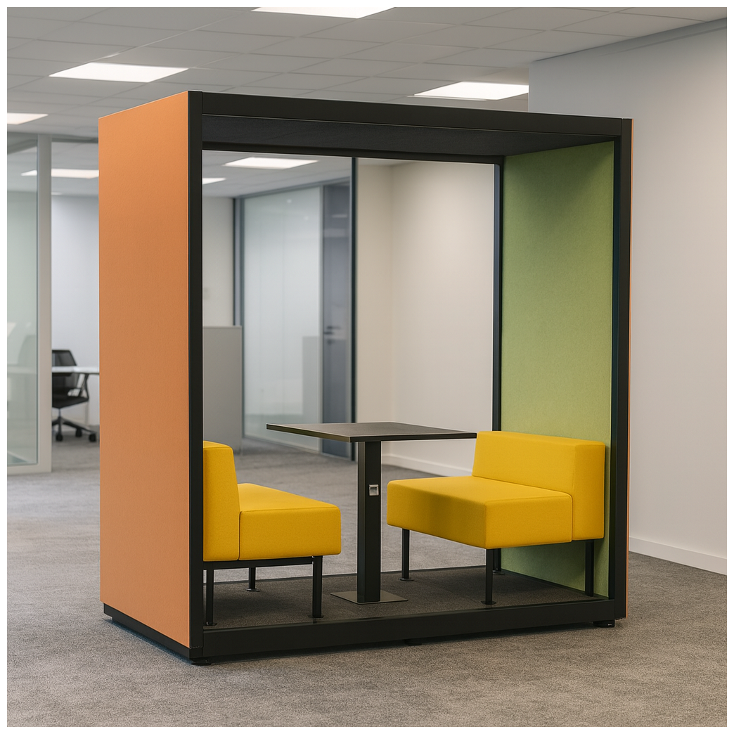 गोपनीयता घेरे के साथ समकालीन 2-सीटर के साथ संलग्न बैठने की जगह के साथ कार्यालय फोकस बूथ।