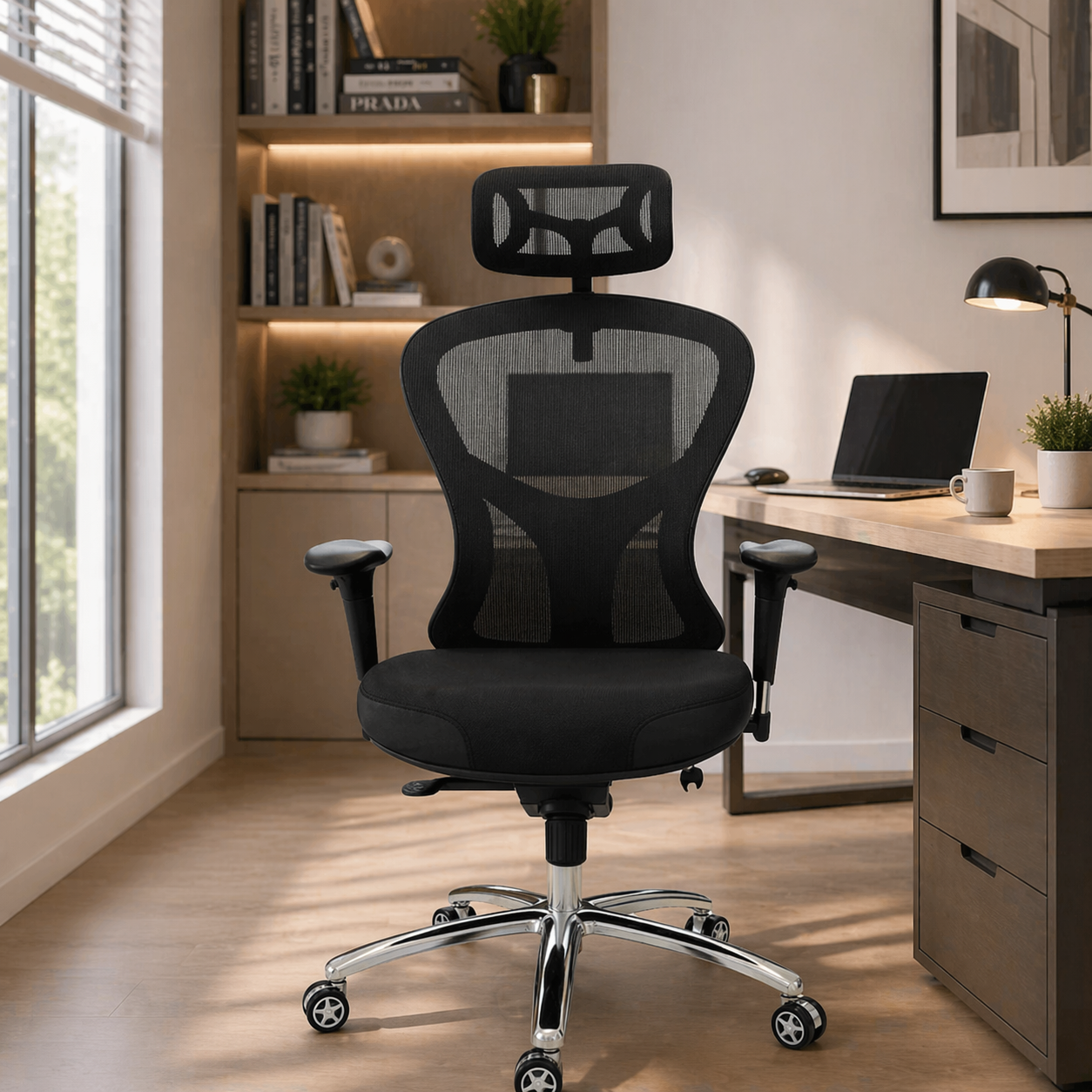 Executive Office Chair with High Back Support, Breathable Mesh, Fabric Cushioned Seat, Adjustable Headrest, Tilt Mechanism & Chrome Base for Office