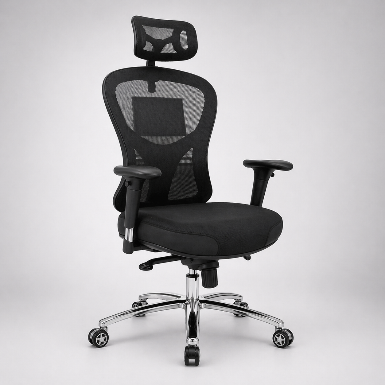 Executive Office Chair with High Back Support, Breathable Mesh, Fabric Cushioned Seat, Adjustable Headrest, Tilt Mechanism & Chrome Base for Office
