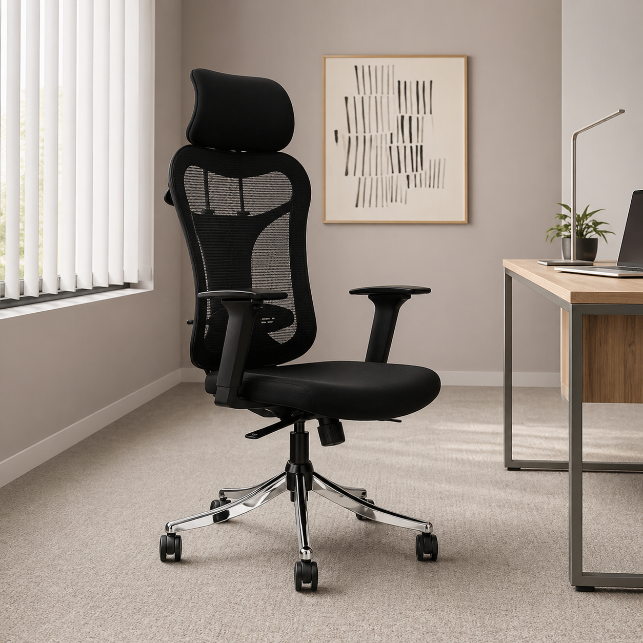 Executive High Back Ergonomic Fabric Office Chair with Adjustable Headrest, Lumbar Support, Tilt Mechanism and Chrome Base for office and Home use