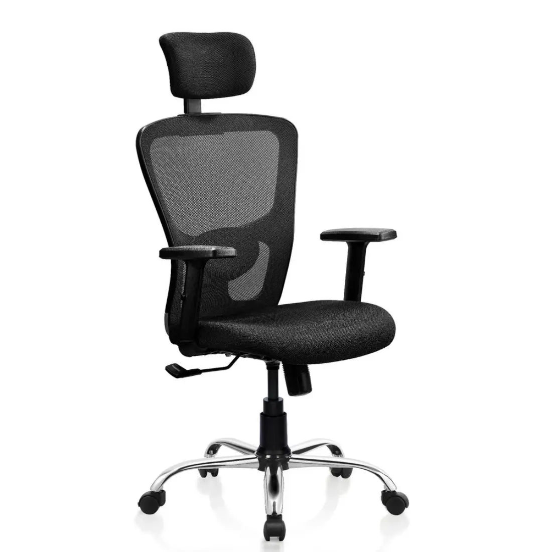 एडजस्टेबल आर्म के साथ क्रोम बेस वाली हाई बैक ऑफिस चेयर