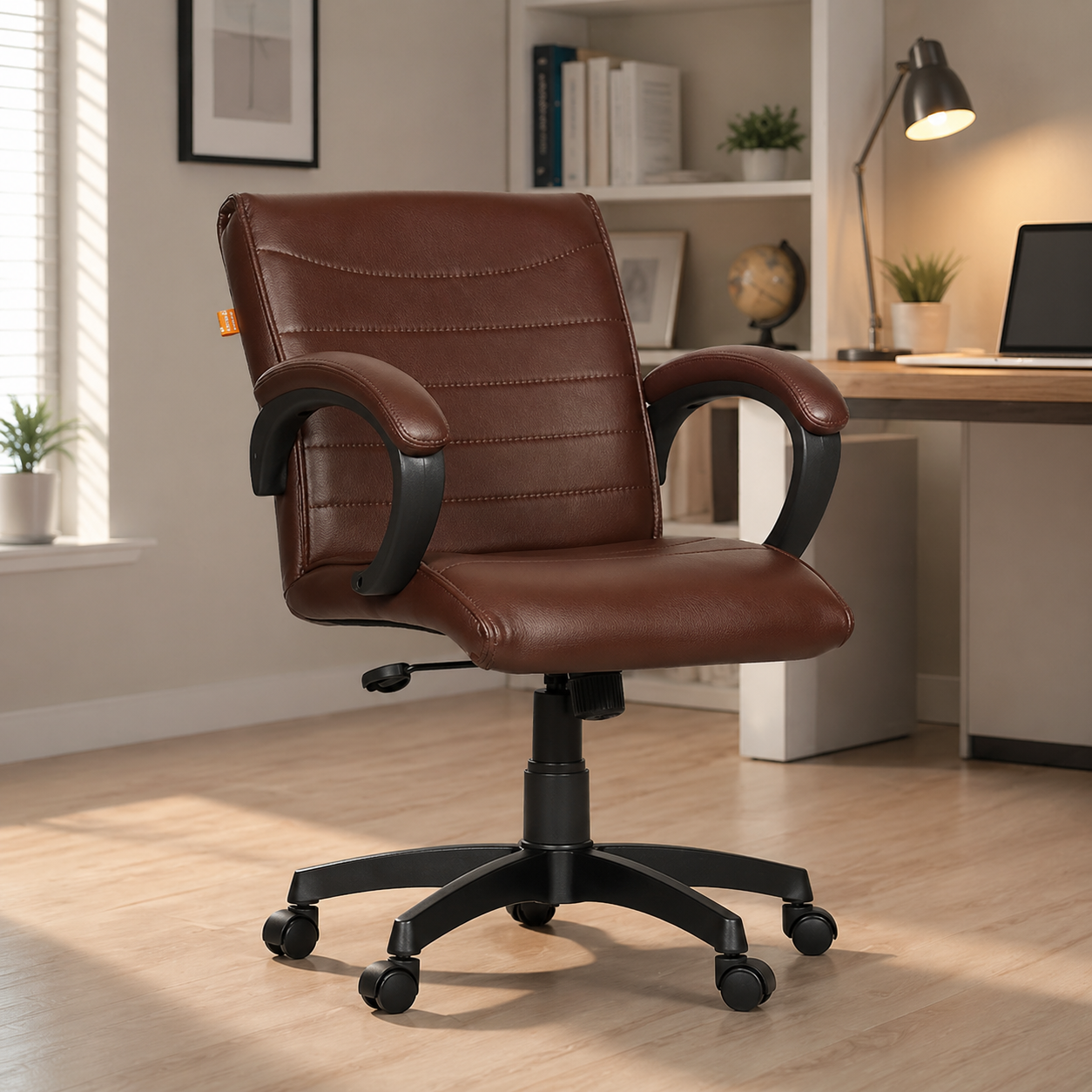 Executive Mid Back Office Chair with PU Leather Upholstery, Ergonomic Design, Adjustable Height, Swivel Base and Padded Armrests for Office