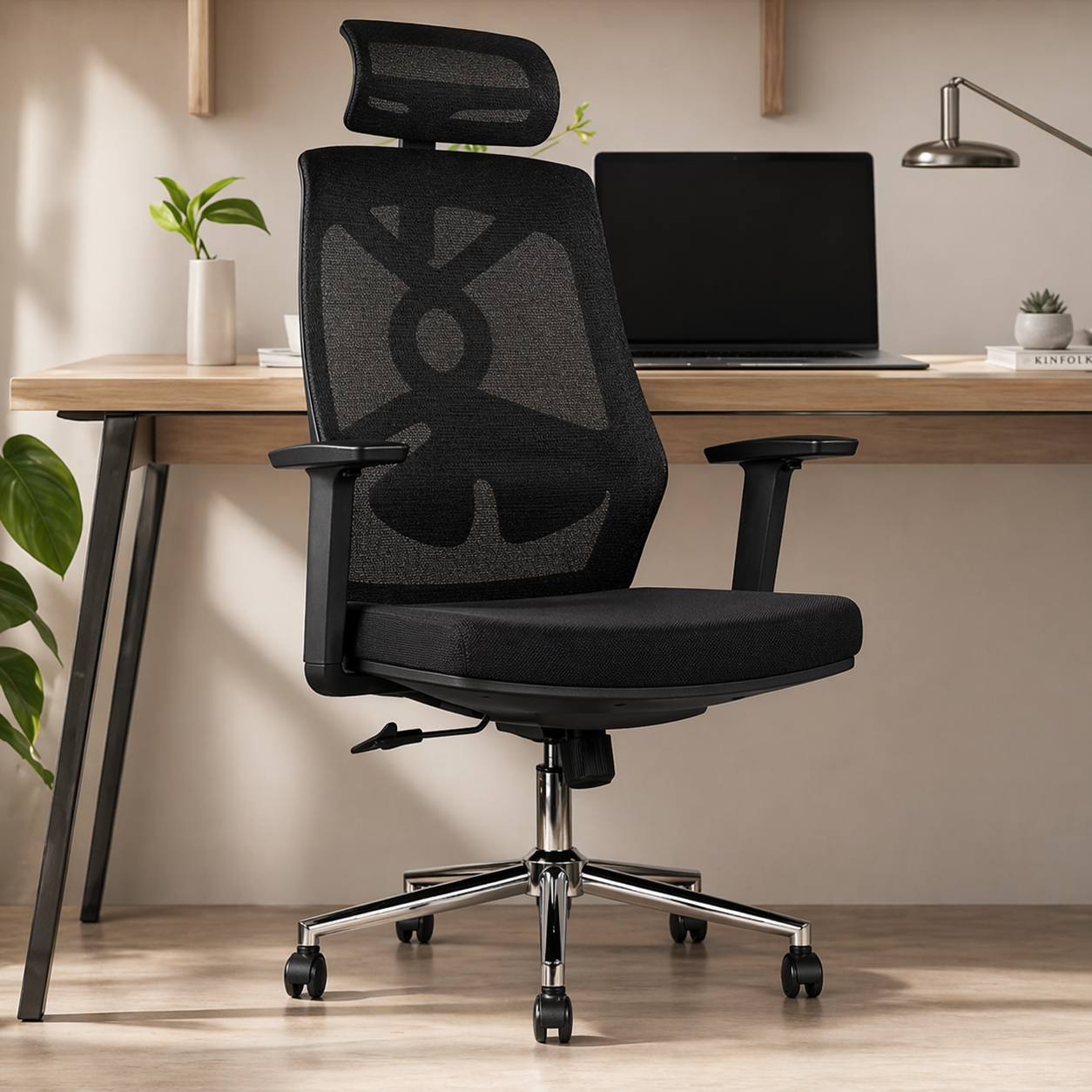 Ergonomic Mesh Chair with Adjustable Headrest, Breathable Mesh Back, Cushioned Seat, Tilt Mechanism and Chrome Base – Modern Office Chair
