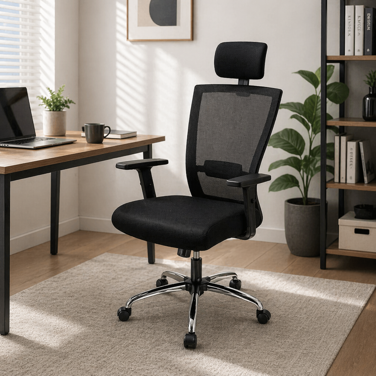 Executive Mesh Office Chair with Adjustable Headrest, Lumbar Support, Cushioned Seat, Tilt Mechanism, Swivel Base and Chrome Legs